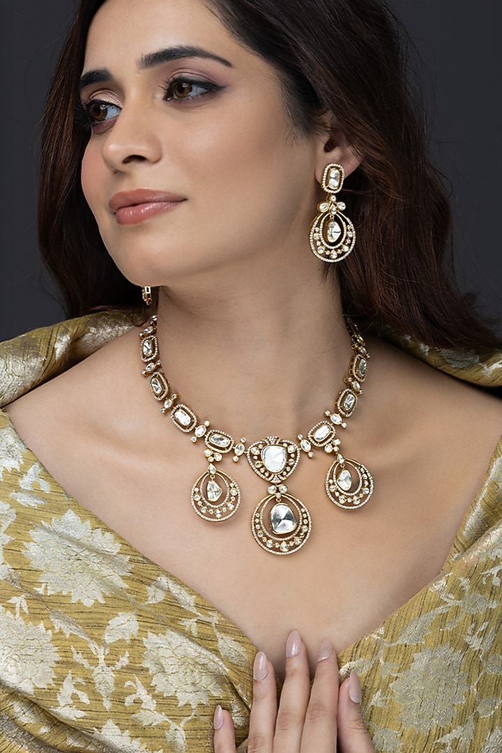 Gold Finish Kundan Polki Necklace Set by Joules By Radhika at Pernia's Pop Up Shop