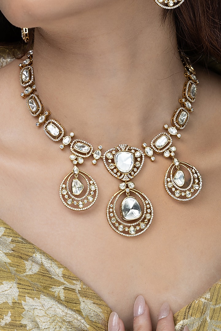 Gold Finish Kundan Polki Necklace Set by Joules By Radhika at Pernia's Pop Up Shop