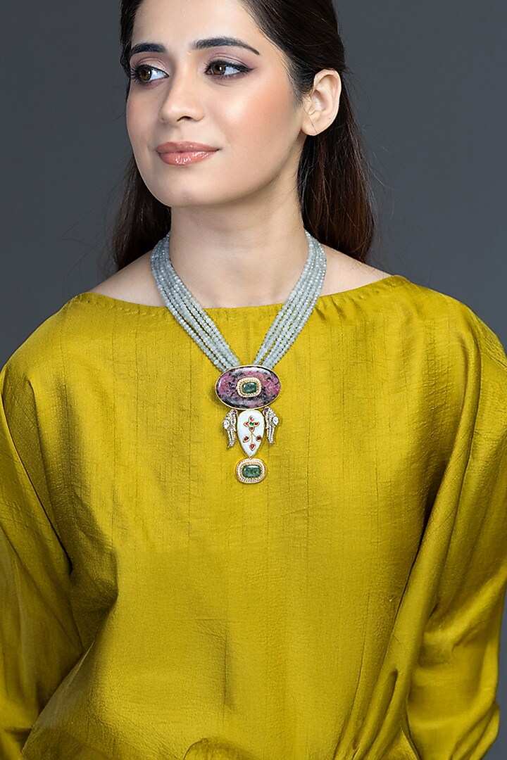 Gold Finish Green Stone Necklace by Joules By Radhika at Pernia's Pop Up Shop