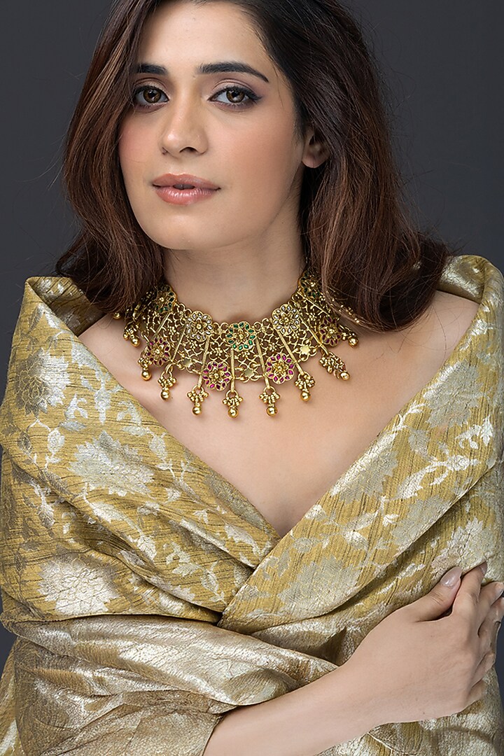 Gold Finish Multi-Colored Stone Necklace by Joules By Radhika at Pernia's Pop Up Shop