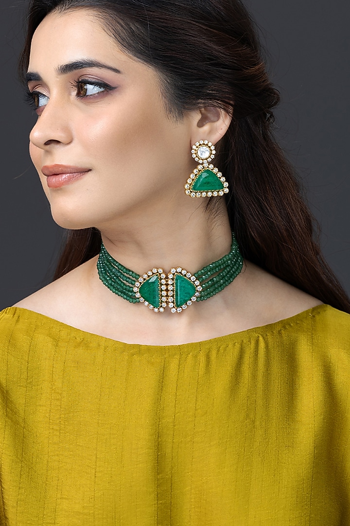 Gold Finish Green Stone Necklace Set by Joules By Radhika at Pernia's Pop Up Shop