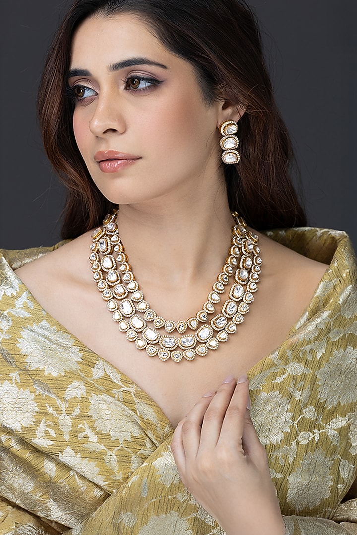 Gold Finish Kundan Polki Necklace Set by Joules By Radhika at Pernia's Pop Up Shop