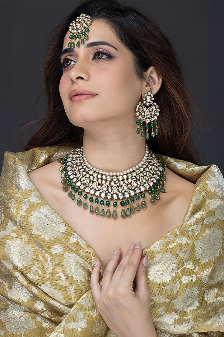 Gold Finish Green Stone Necklace Set by Joules By Radhika at Pernia's Pop Up Shop