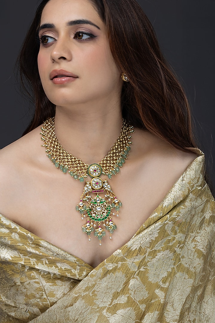 Gold Finish Green Drop Necklace by Joules By Radhika at Pernia's Pop Up Shop