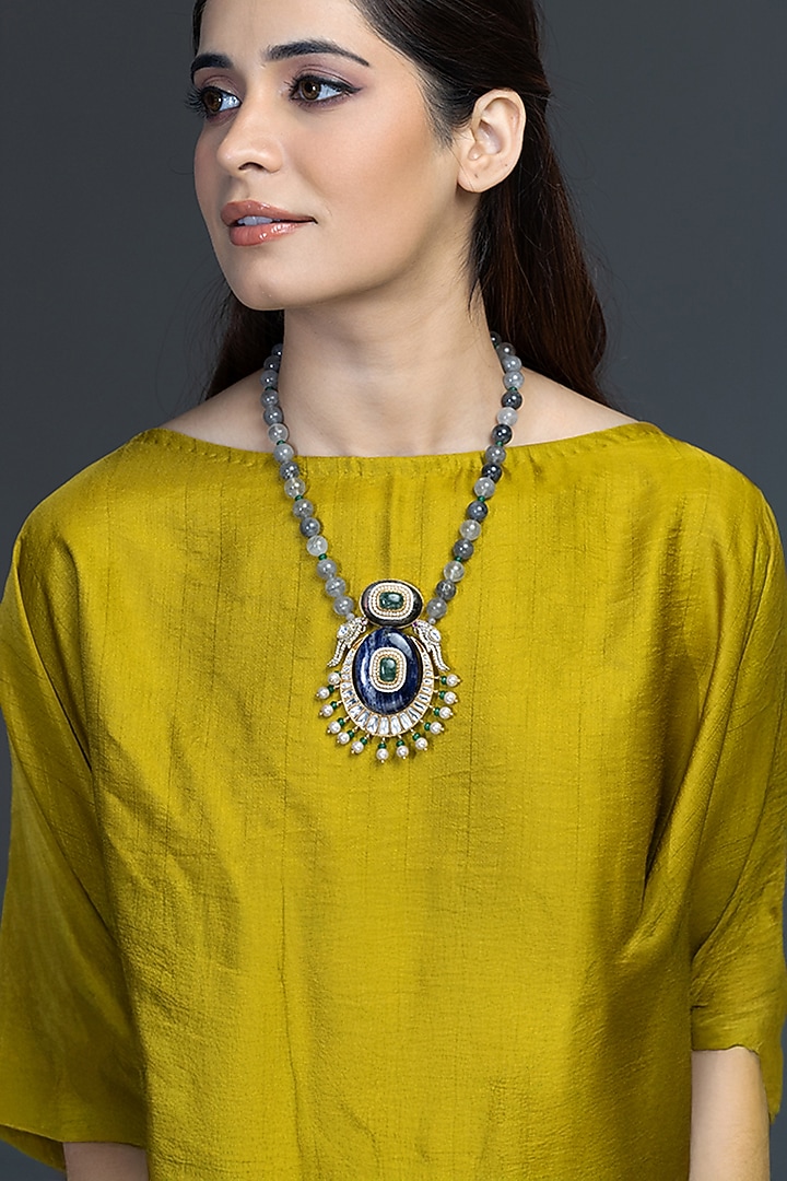 Gold Finish Blue Stone Necklace by Joules By Radhika at Pernia's Pop Up Shop