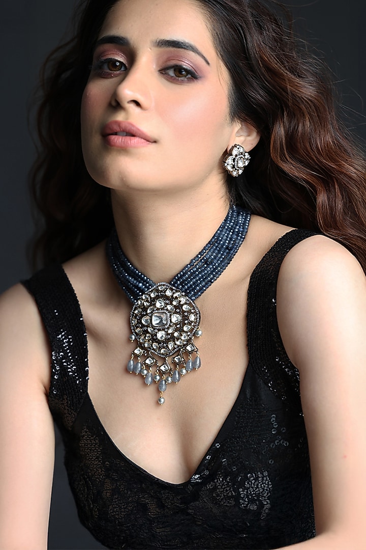 Gold Finish Blue Stone Necklace Set by Joules By Radhika at Pernia's Pop Up Shop