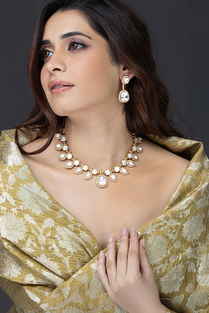 Gold Finish Kundan Polki Necklace Set by Joules By Radhika at Pernia's Pop Up Shop