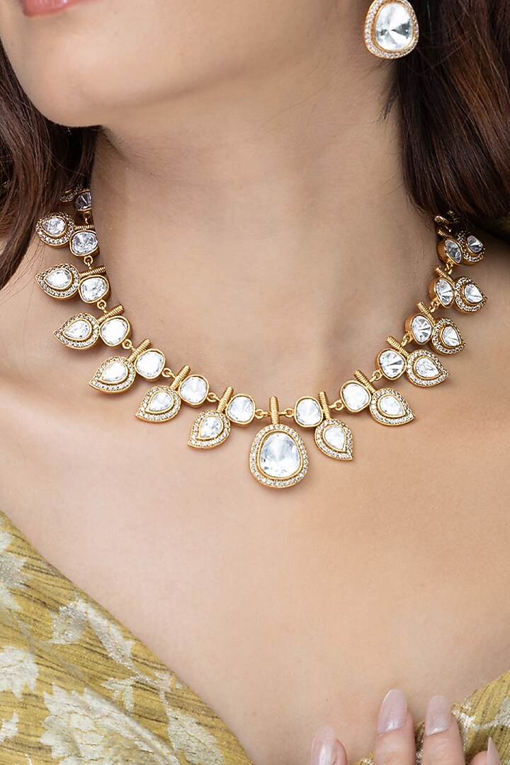 Gold Finish Kundan Polki Necklace Set by Joules By Radhika at Pernia's Pop Up Shop