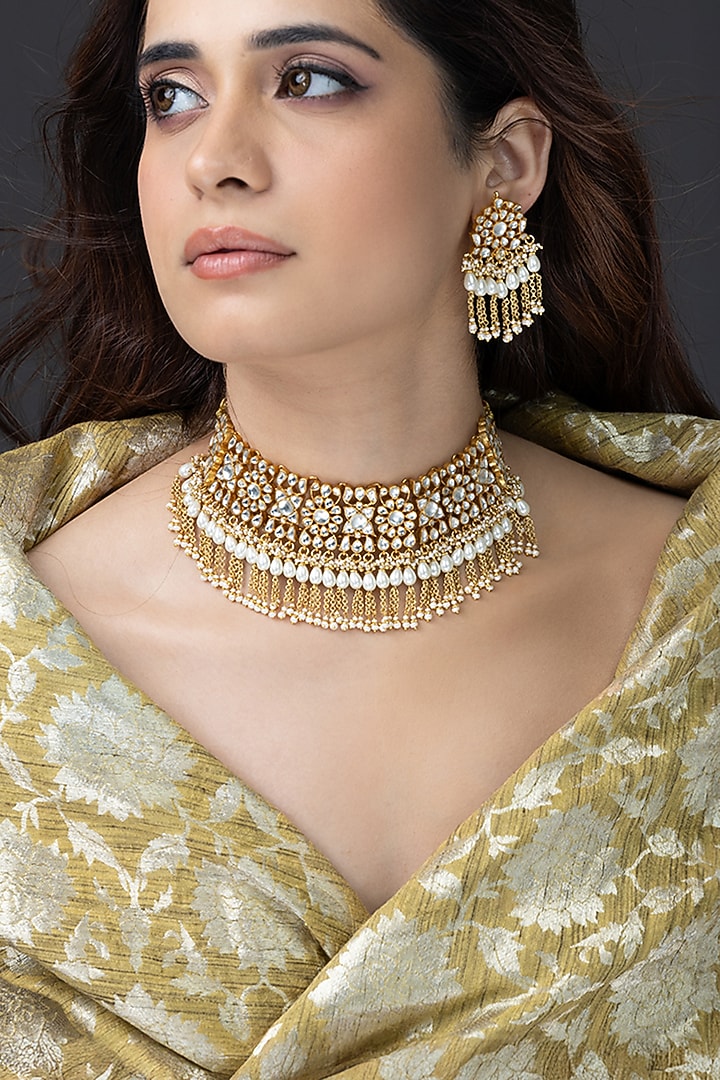 Gold Finish Kundan Polki Choker Necklace Set by Joules By Radhika at Pernia's Pop Up Shop