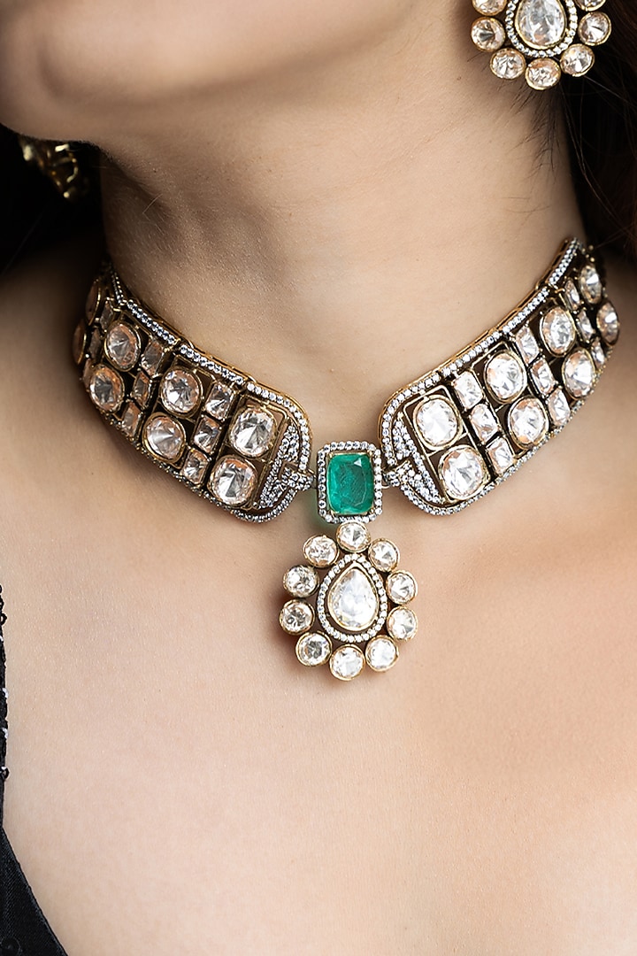 Gold Finish Kundan Polki Choker Necklace Set by Joules By Radhika at Pernia's Pop Up Shop