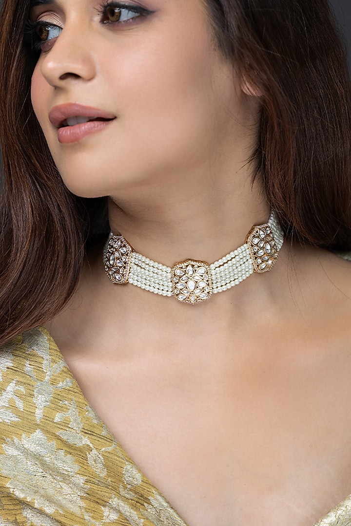 Gold Finish White Stone Necklace by Joules By Radhika at Pernia's Pop Up Shop
