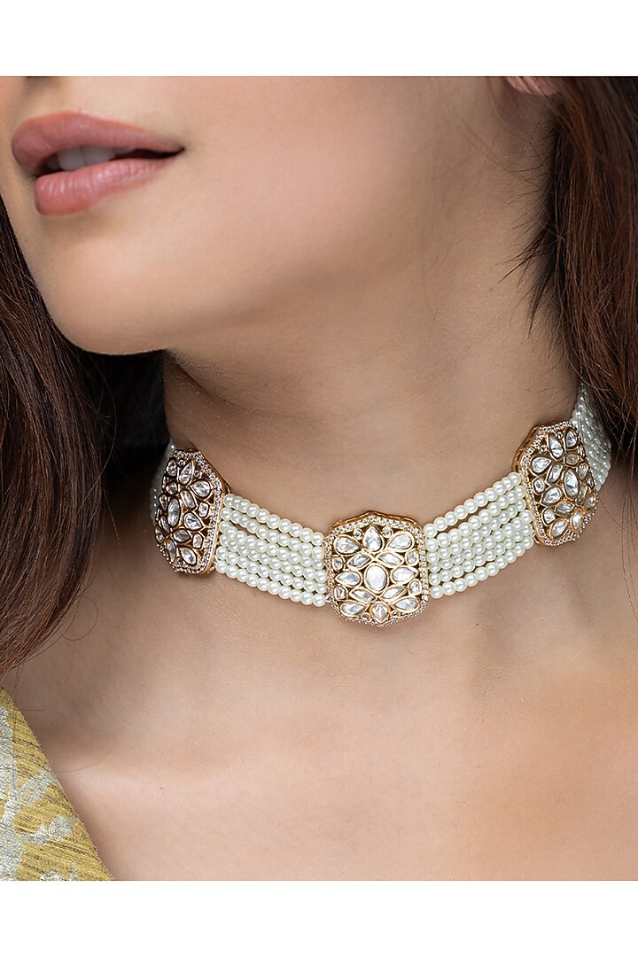 Gold Finish White Stone Necklace by Joules By Radhika at Pernia's Pop Up Shop