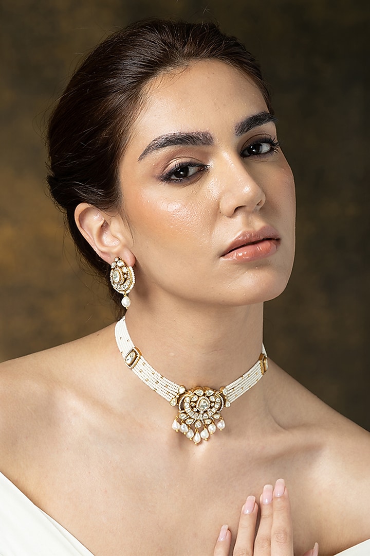 Gold Finish White Stone Layered Necklace Set by Joules By Radhika at Pernia's Pop Up Shop
