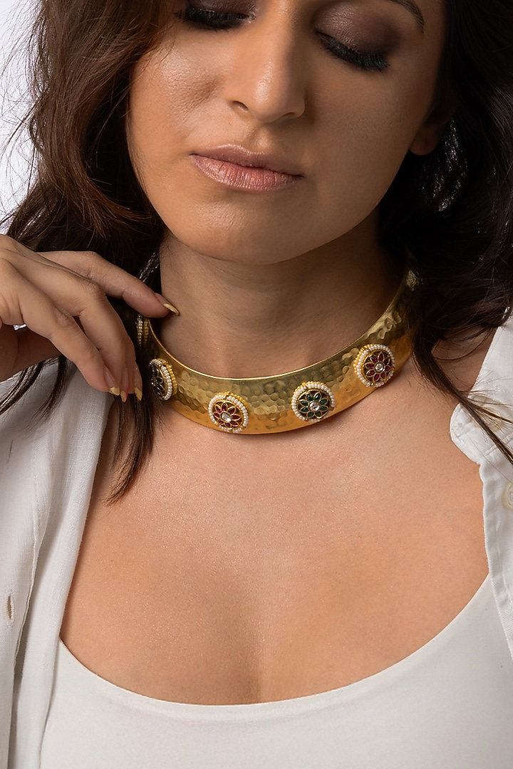 Gold Finish Circular Stone Choker Necklace by Joules By Radhika at Pernia's Pop Up Shop