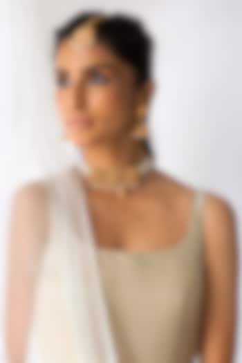 Gold Finish Beaded Medallion Choker Necklace Set by Joules By Radhika at Pernia's Pop Up Shop