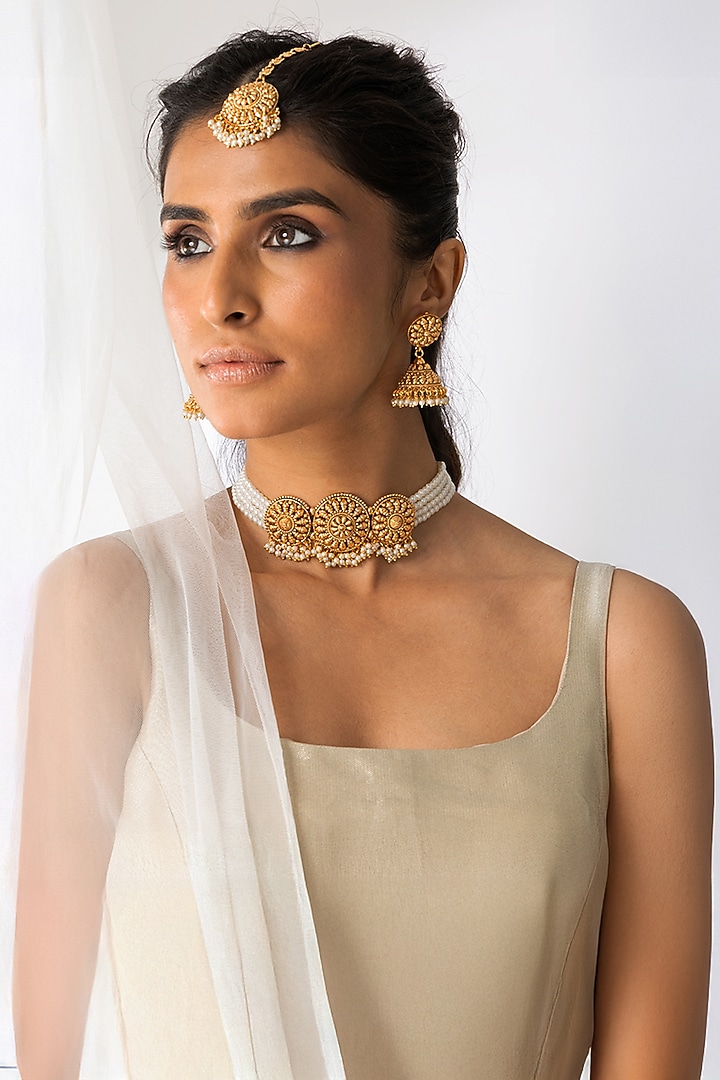 Gold Finish Beaded Medallion Choker Necklace Set by Joules By Radhika at Pernia's Pop Up Shop