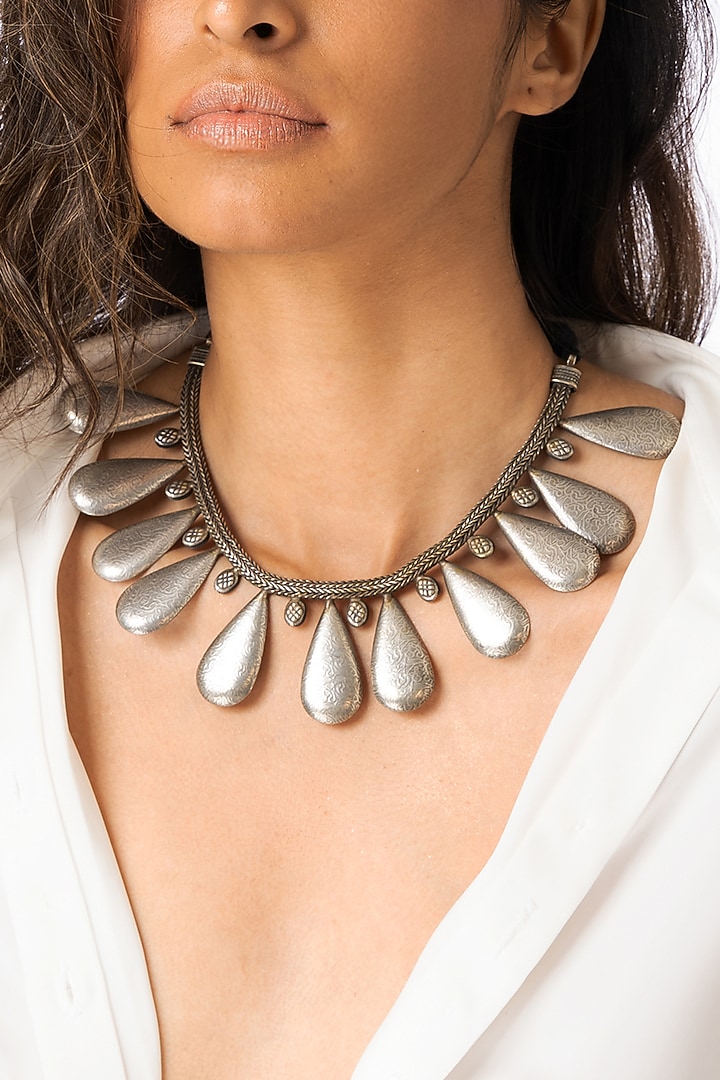 Gold Finish Silver Teardrop Statement Necklace by Joules By Radhika at Pernia's Pop Up Shop
