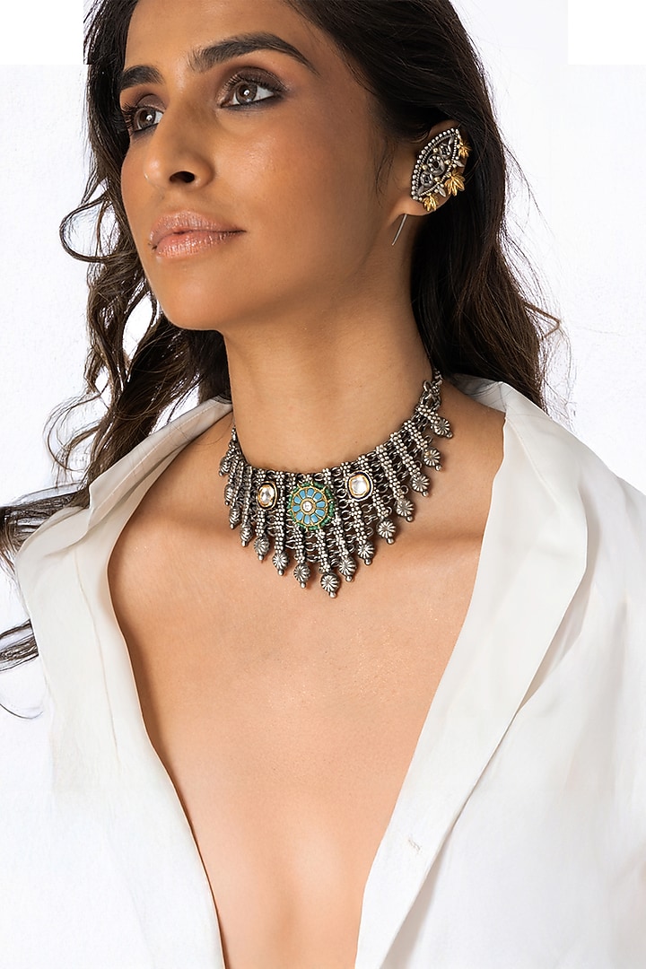 Gold Finish Turquoise & White Stone Ornate Choker Necklace by Joules By Radhika at Pernia's Pop Up Shop