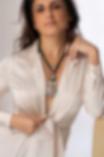 Gold Finish Green Beaded Ornate Floral Pendant Necklace by Joules By Radhika at Pernia's Pop Up Shop