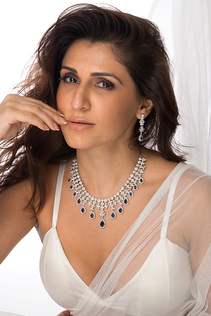 White Finish Stone & Deep Blue Drop Necklace Set by Joules By Radhika at Pernia's Pop Up Shop