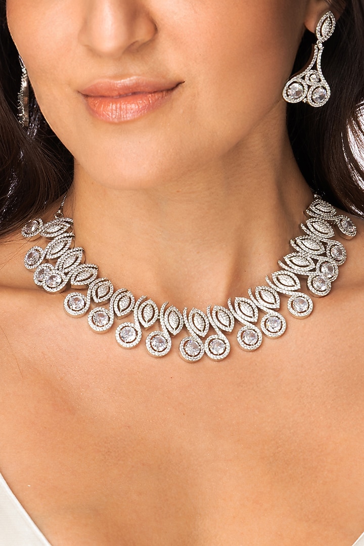 White Finish Marquise & Clear Stone Necklace Set by Joules By Radhika at Pernia's Pop Up Shop