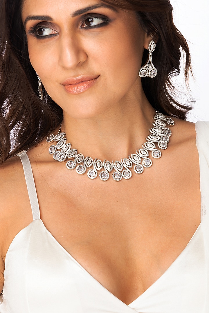 White Finish Marquise & Clear Stone Necklace Set by Joules By Radhika at Pernia's Pop Up Shop