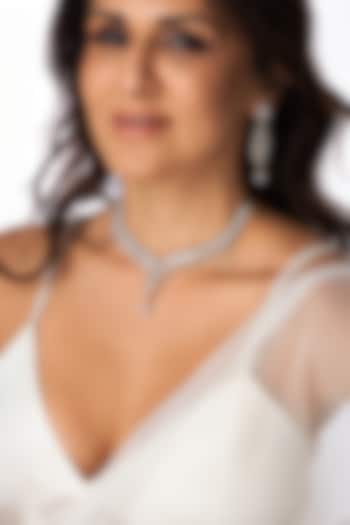 White Finish Crystal Y-Drop Necklace Set by Joules By Radhika at Pernia's Pop Up Shop