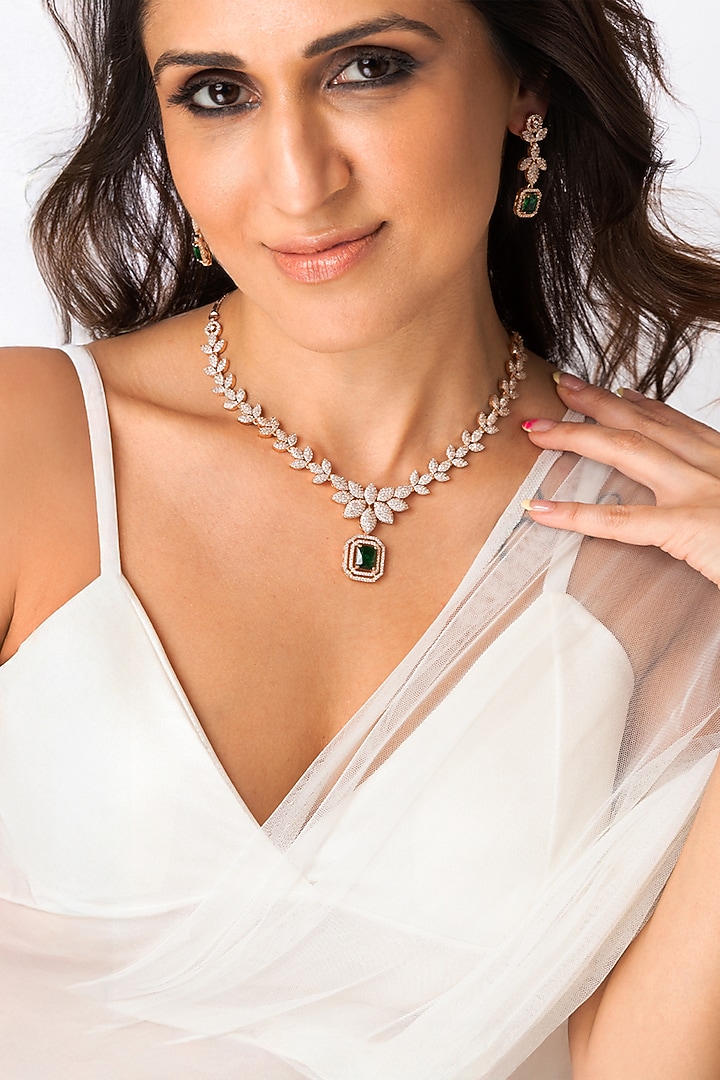 White Finish Emerald Green Stone Necklace Set by Joules By Radhika at Pernia's Pop Up Shop