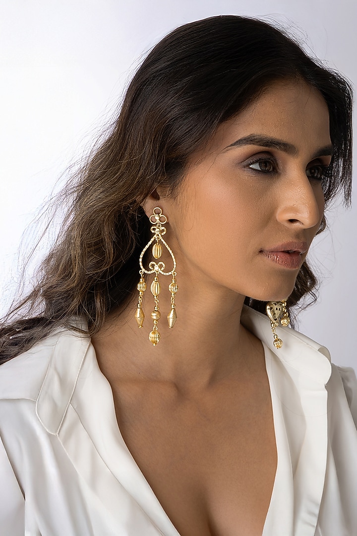 Gold Finish Filigree Heart Dangler Earrings by Joules By Radhika at Pernia's Pop Up Shop