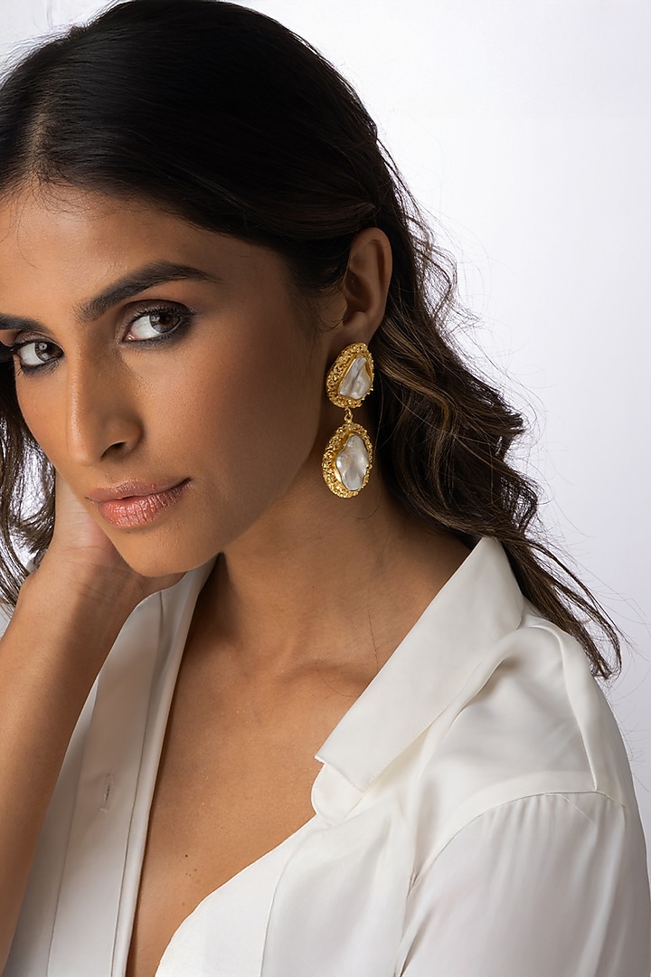 Gold Finish Mother Of Pearl Dangler Earrings by Joules By Radhika at Pernia's Pop Up Shop