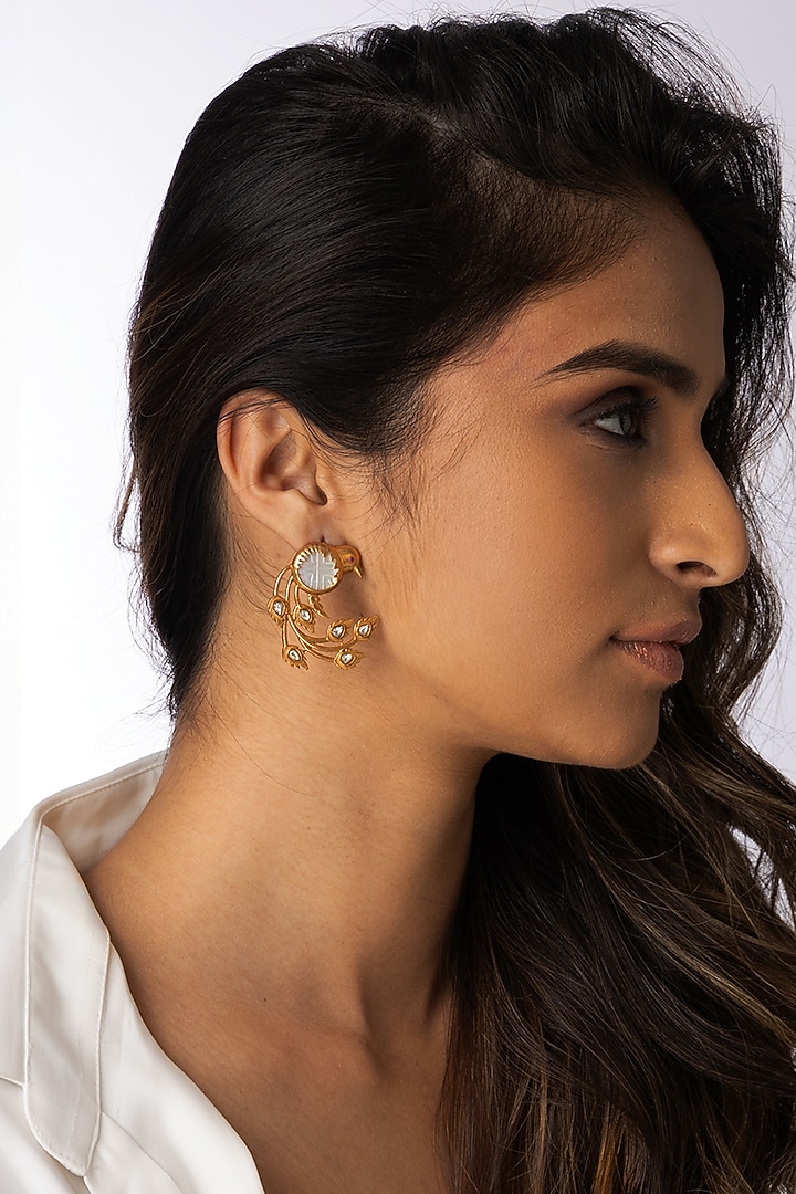Gold Finish Uncut Stone & Pearl Drop Earrings by Joules By Radhika at Pernia's Pop Up Shop