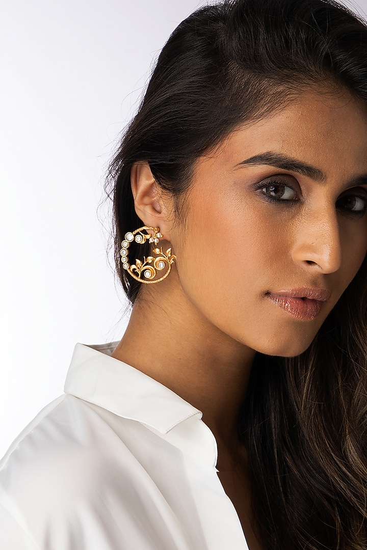 Gold Finish Uncut Stone & Clear Stone Stud Earrings by Joules By Radhika at Pernia's Pop Up Shop