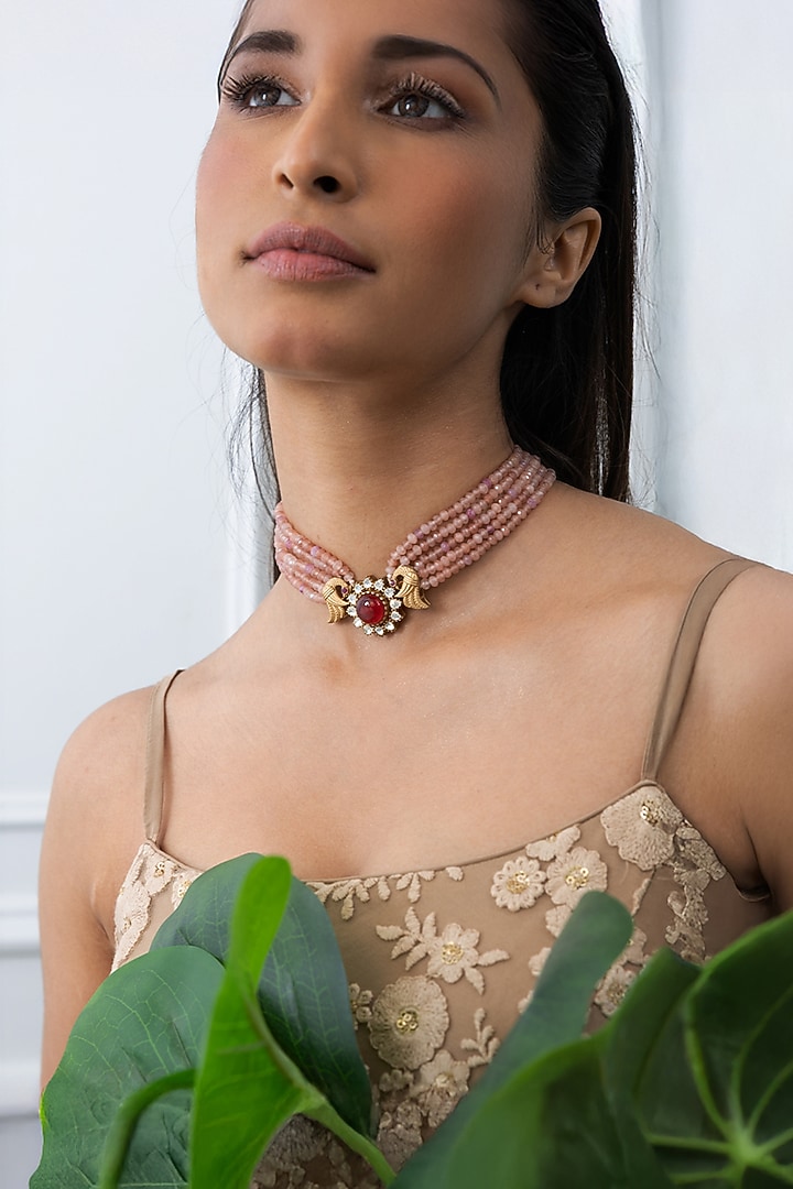 Gold Finish Pink Stone Choker Necklace by Joules By Radhika at Pernia's Pop Up Shop