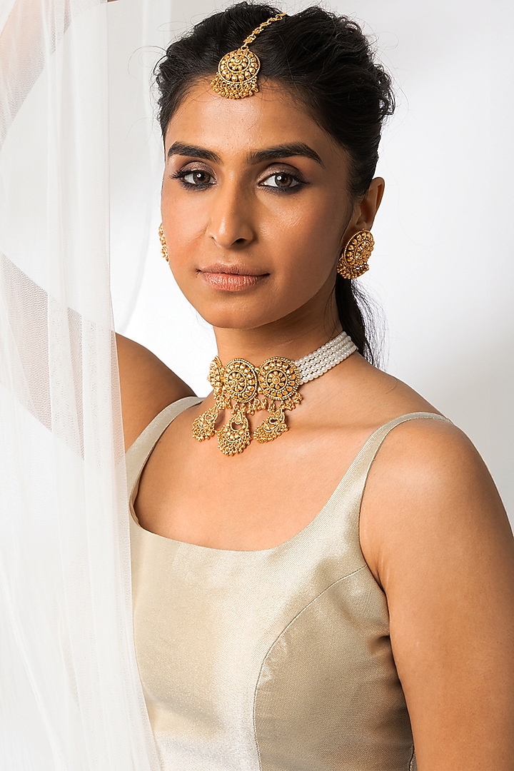 Gold Finish Heirloom Choker Necklace Set by Joules By Radhika at Pernia's Pop Up Shop