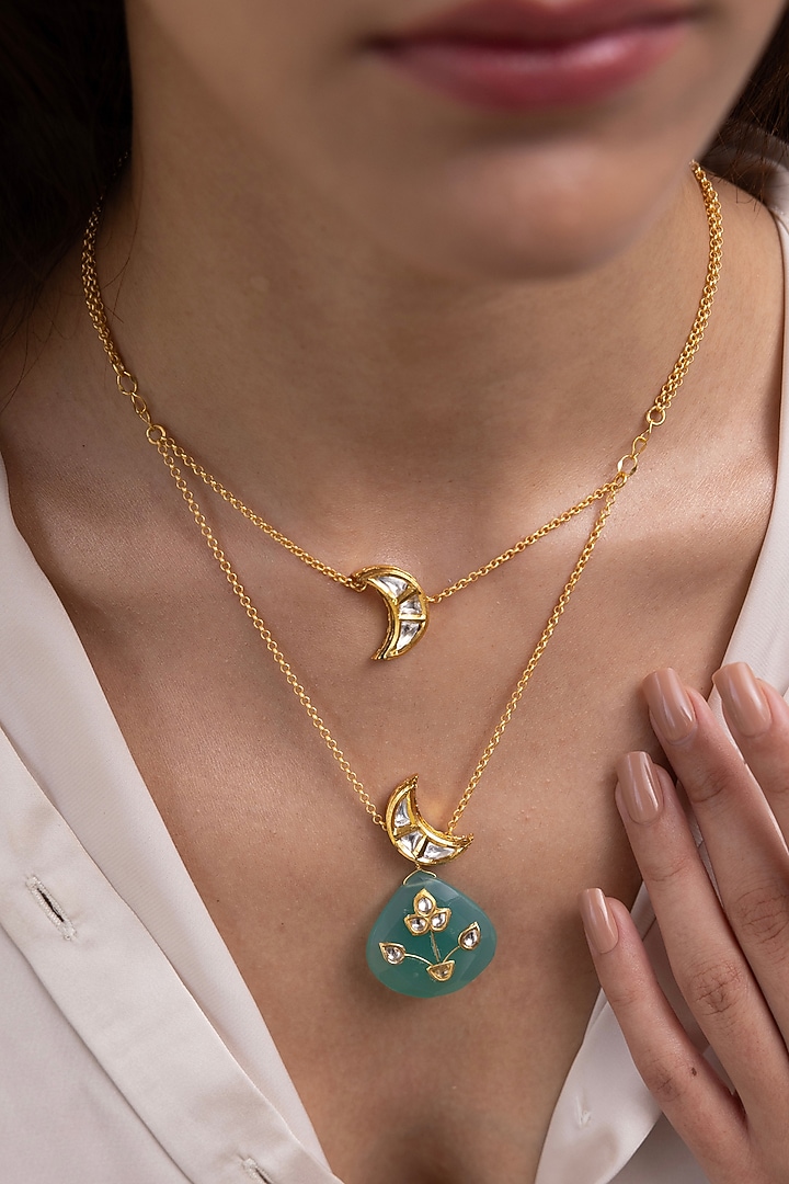 Gold Finish Turquoise Stone & Pearl Pendant Necklace by Joules By Radhika at Pernia's Pop Up Shop