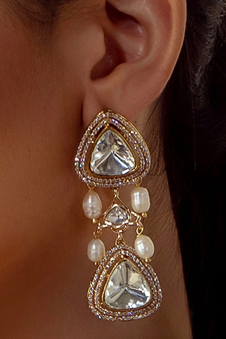 Gold Plated Hydro Polki & Pearl Dangler Earrings by Joules By Radhika at Pernia's Pop Up Shop