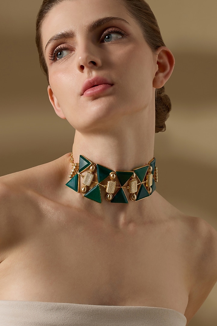Gold Finish Green Agate Stone Choker Necklace by Joules By Radhika at Pernia's Pop Up Shop