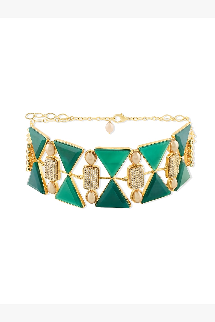 Gold Finish Green Agate Stone Choker Necklace by Joules By Radhika at Pernia's Pop Up Shop