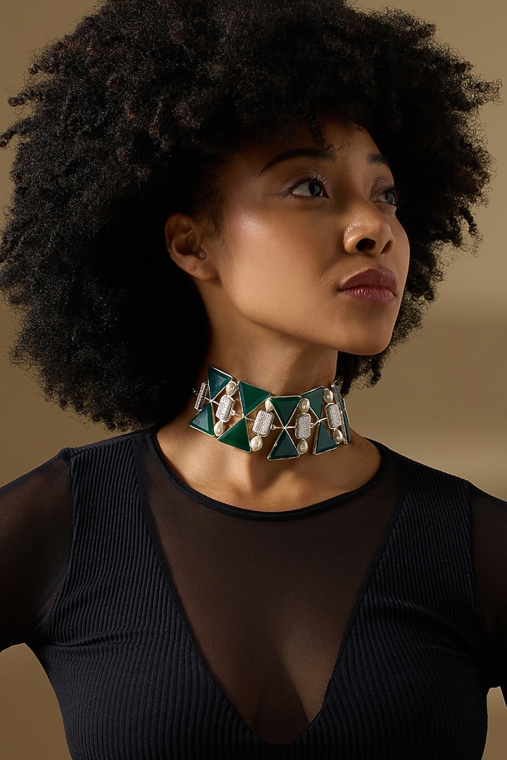Gold Finish Green Agate Stone Choker Necklace by Joules By Radhika at Pernia's Pop Up Shop