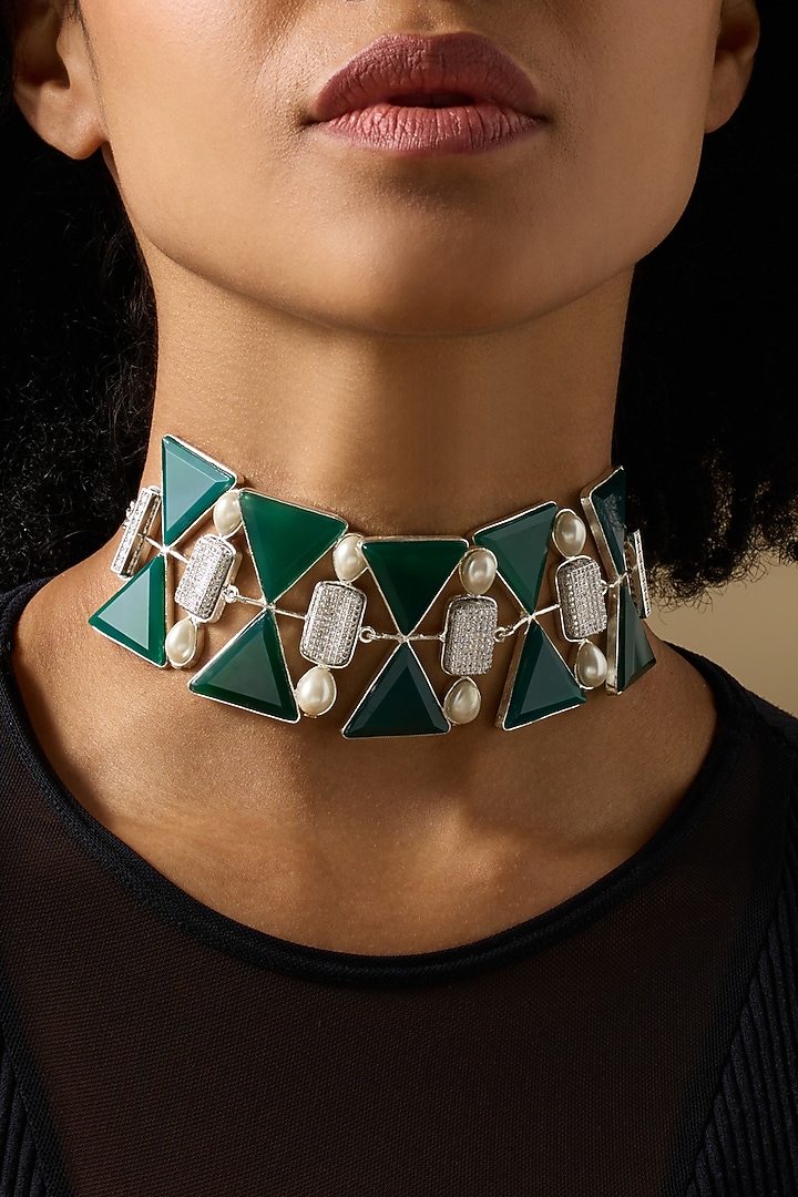 Gold Finish Green Agate Stone Choker Necklace by Joules By Radhika at Pernia's Pop Up Shop