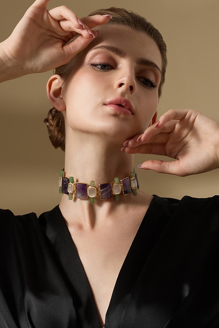 Gold Finish Purple Agate Stone Necklace by Joules By Radhika at Pernia's Pop Up Shop