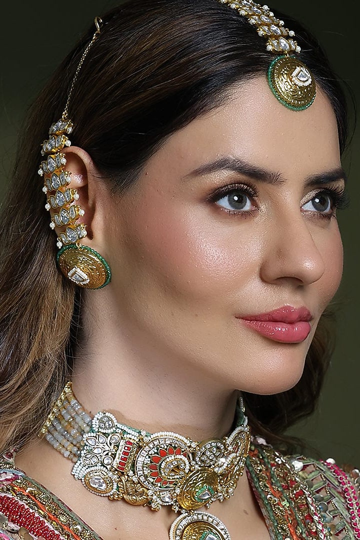 Gold Finish Kundan Polki Meenakari Earcuffs by Joules By Radhika at Pernia's Pop Up Shop