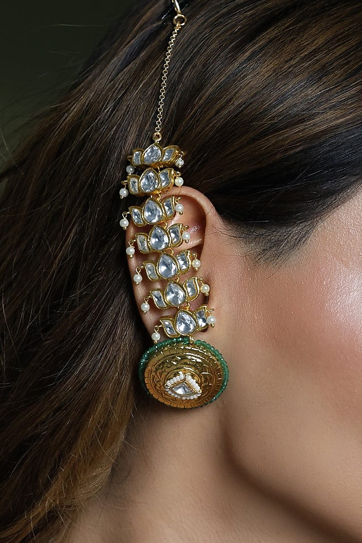 Gold Finish Kundan Polki Meenakari Earcuffs by Joules By Radhika at Pernia's Pop Up Shop