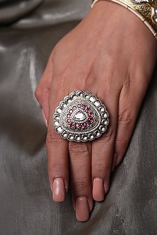 Gold Finish Kundan Polki & Ruby Ring by Joules By Radhika