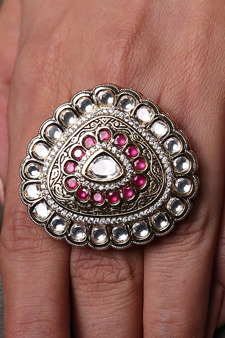 Gold Finish Kundan Polki & Ruby Ring by Joules By Radhika at Pernia's Pop Up Shop
