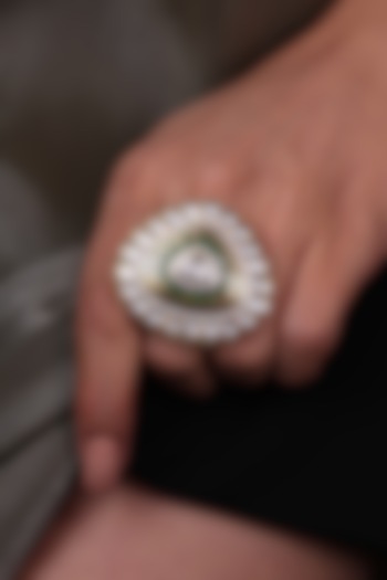 Gold Finish Kundan Polki Enameled Ring by Joules By Radhika at Pernia's Pop Up Shop