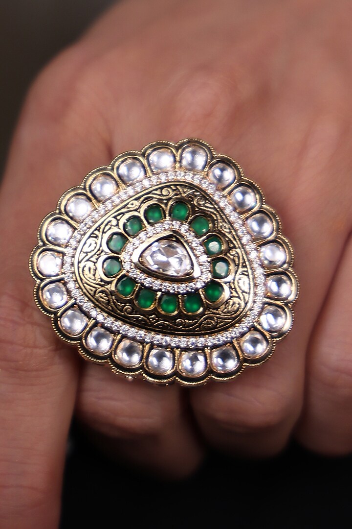 Gold Finish Kundan Polki Enameled Ring by Joules By Radhika at Pernia's Pop Up Shop