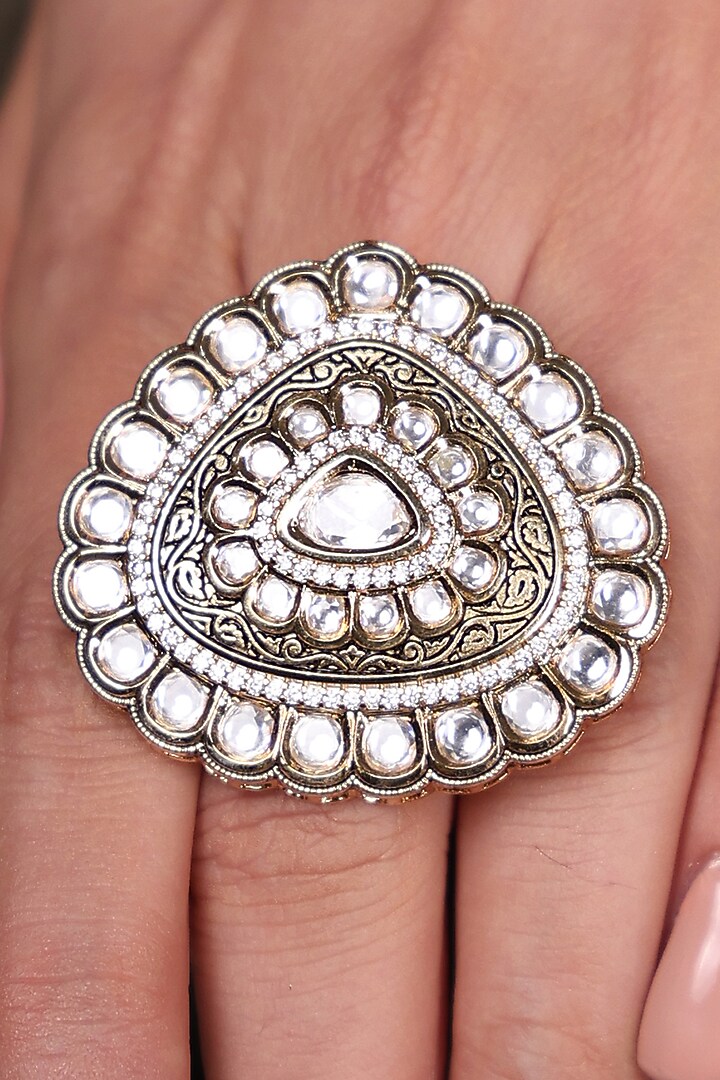 Gold Finish Kundan Polki Ring by Joules By Radhika at Pernia's Pop Up Shop