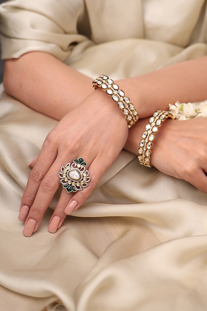 Gold Finish Kundan Polki Leaf Ring by Joules By Radhika at Pernia's Pop Up Shop