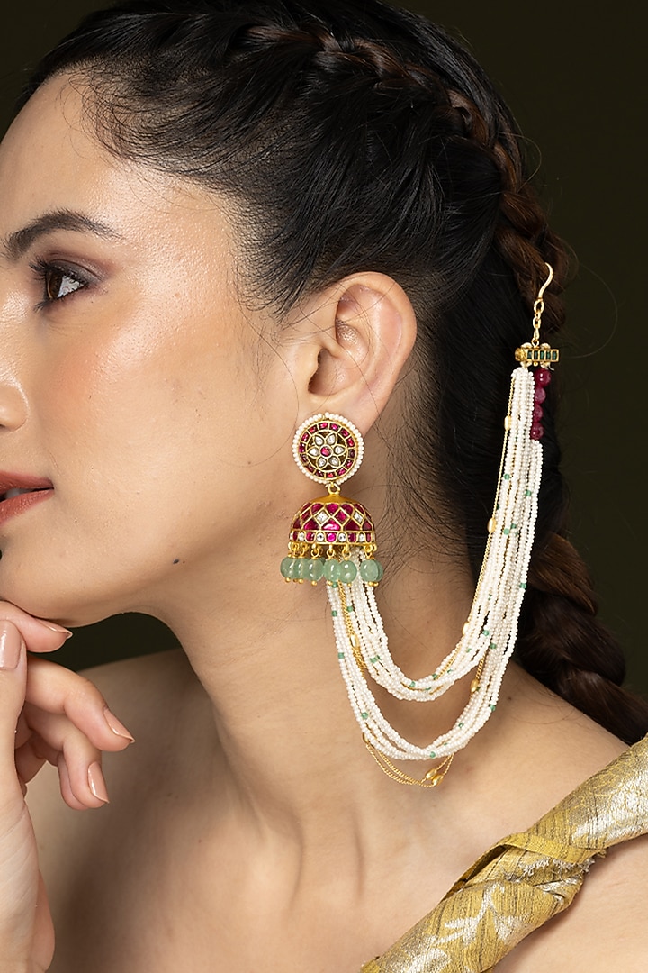 Gold Finish Pearl & Beaded Earchains by Joules By Radhika at Pernia's Pop Up Shop